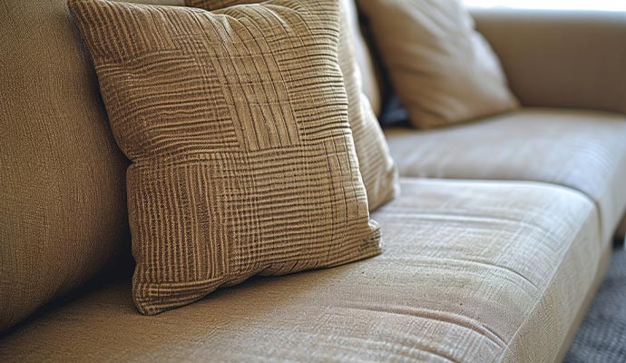 Brown couch with two decorative pillows.