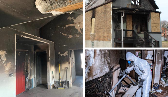 Collage of properties severely damaged by fire