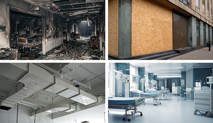 Collage of soot damaged and boarded-up healthcare facilities, duct system and clean interior of healthcare facilities