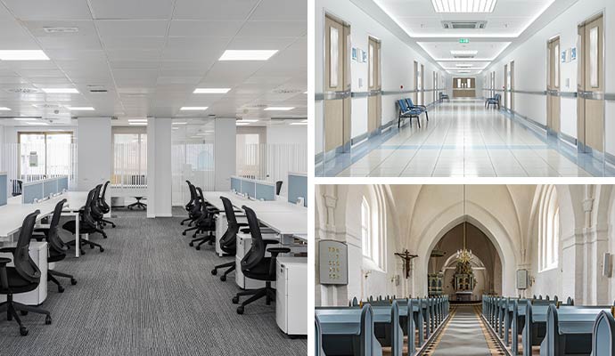 Collage of office room, hospital, and church