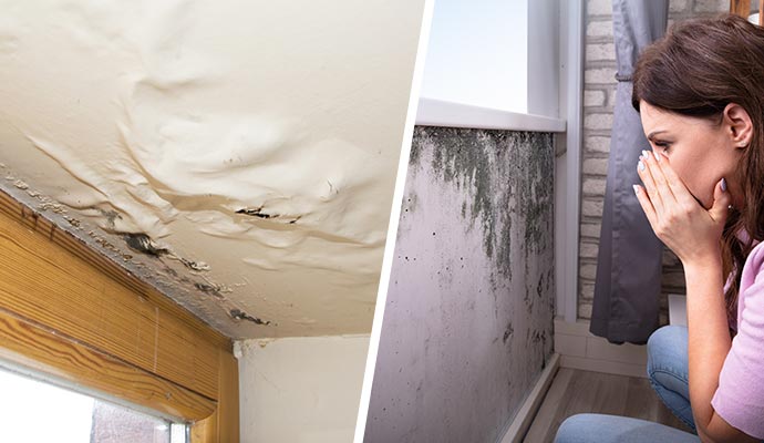 Collage showing water intrusion damage and mold infestation in residential properties