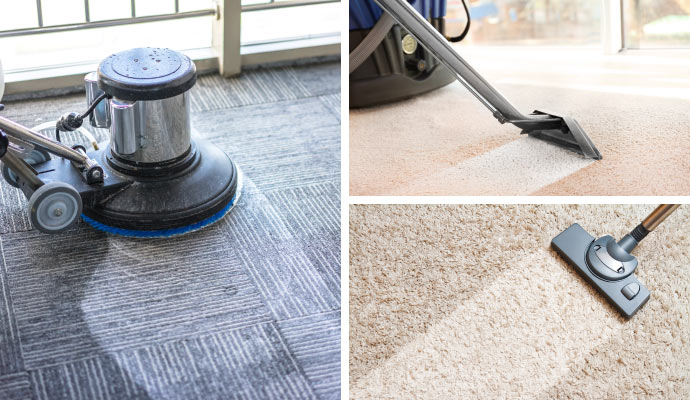 Collage of shampoo, dry and vacuum carpet cleaning