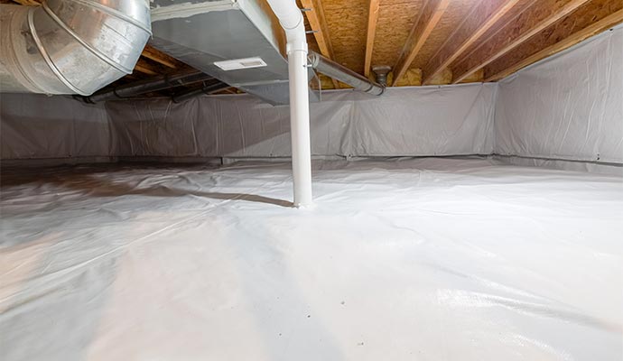 A fully sealed and encapsulated residential crawl space with a professional vapor barrier system