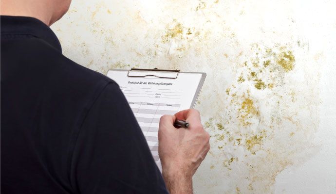Professional mold inspector checking wall mold and taking notes