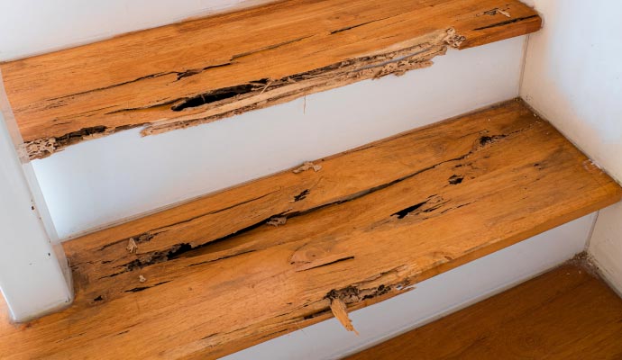Close-up of termite damage on wooden stairs
