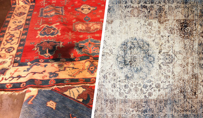 Collage of fire and water damaged rug