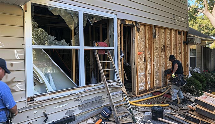 Broken windows on tornado damaged house
