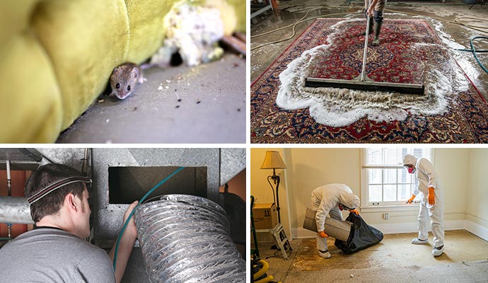 Collage of rodent infestation, duct, rug and biohazard cleanup