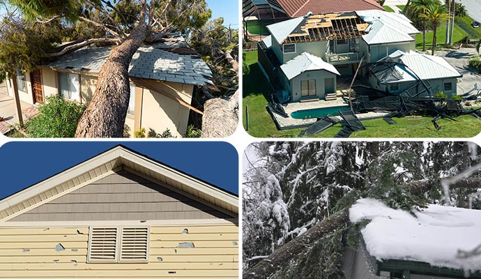 Collage of wind, storm, hail and ice damaged property