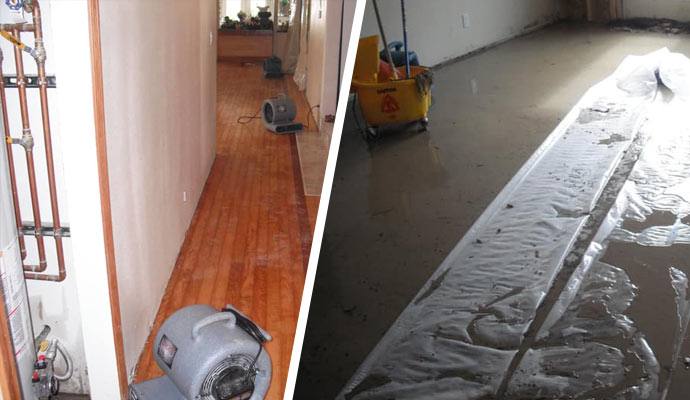 Collage of water pipe break and plumbing overflow