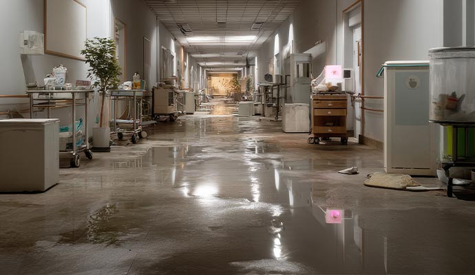 Water damaged floor in healthcare facility